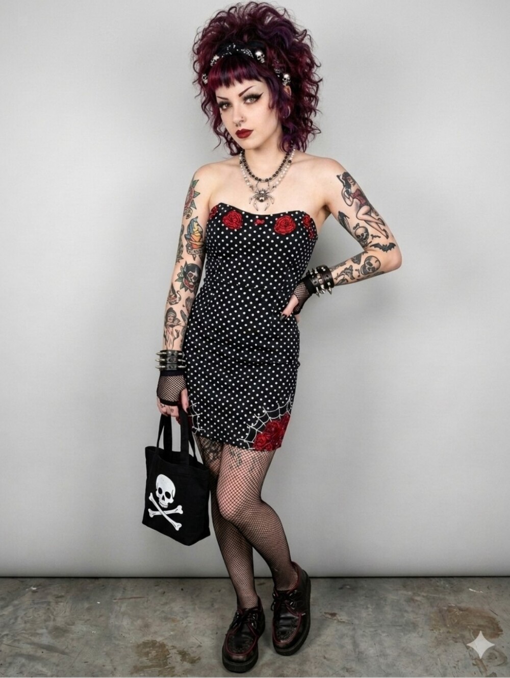 Too Fast Black Polka Dot Rose Spiderweb Strapless Mini Dress, VGUC, Size L